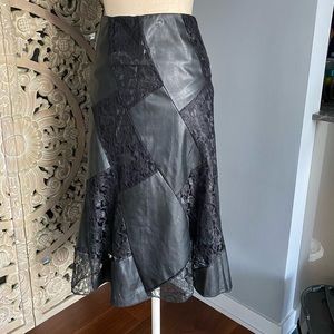 [Vintage] Black Faux Leather and Lace Midi Skirt